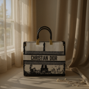 Paris-Inspired Christian Dior Style Fabric Handbag with Ceralic Handles & Long Strap