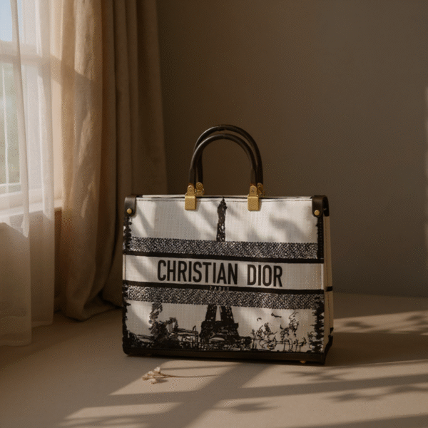 Paris-Inspired Christian Dior Style Fabric Handbag with Ceralic Handles & Long Strap - Image 3