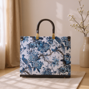Elegant Floral Fabric Handbag with Ceralic Handles & Long Strap