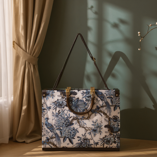 Elegant Floral Fabric Handbag with Ceralic Handles & Long Strap - Image 2