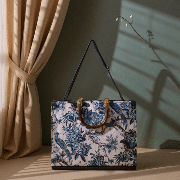 Elegant Floral Fabric Handbag with Ceralic Handles & Long Strap - Image 4